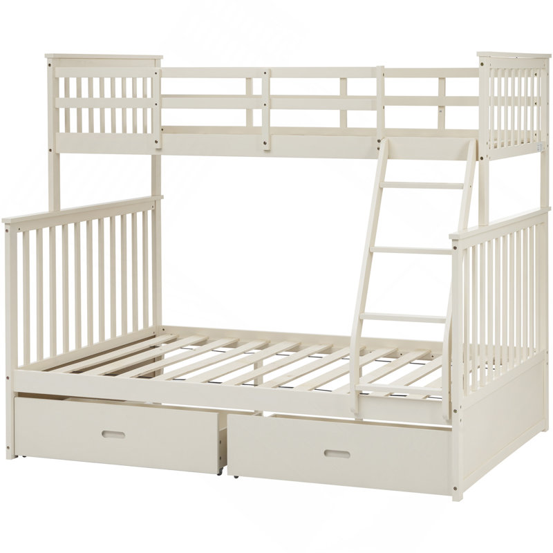 Lit simple superposé au dessus d'un lit double avec tiroirs de rangement, lit superposé en bois avec échelle et garde-corps - crème