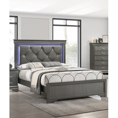 Queen Size Dark Gray Faux Leather Tufted Headboard with LED, Solid Wood FB &amp; Unique Texture (No Box Spring Needed)