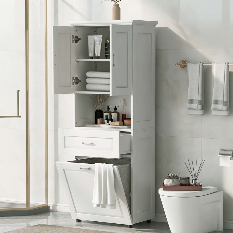 Grande armoire de salle de bain avec panier à linge, Blanc