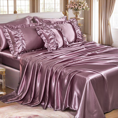 8 Pieces Silk Like Satin Comforter Set Queen Size Bean Paste Ruffle Comforter Set with Sheet Set Farmhouse Bedding Comforter Set Blush Silky Comforter Sets