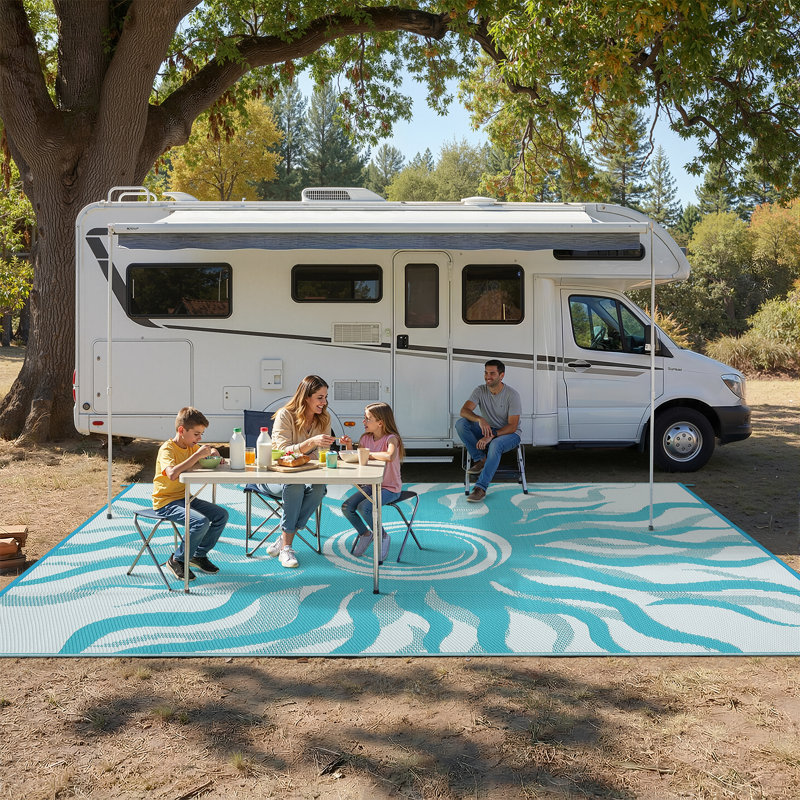 Modern Reversible Abstract Outdoor Area Rug - Stain Resistant, UV Resistant, Washable , Waterproof, Blue, Rectangle 8' x 10'