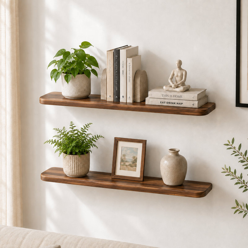 Set of 2 36" Acacia Wood Floating Shelves Wall Mounted (Round Edge), Dark Brown, 1.18'' H X 36'' W X 7'' D