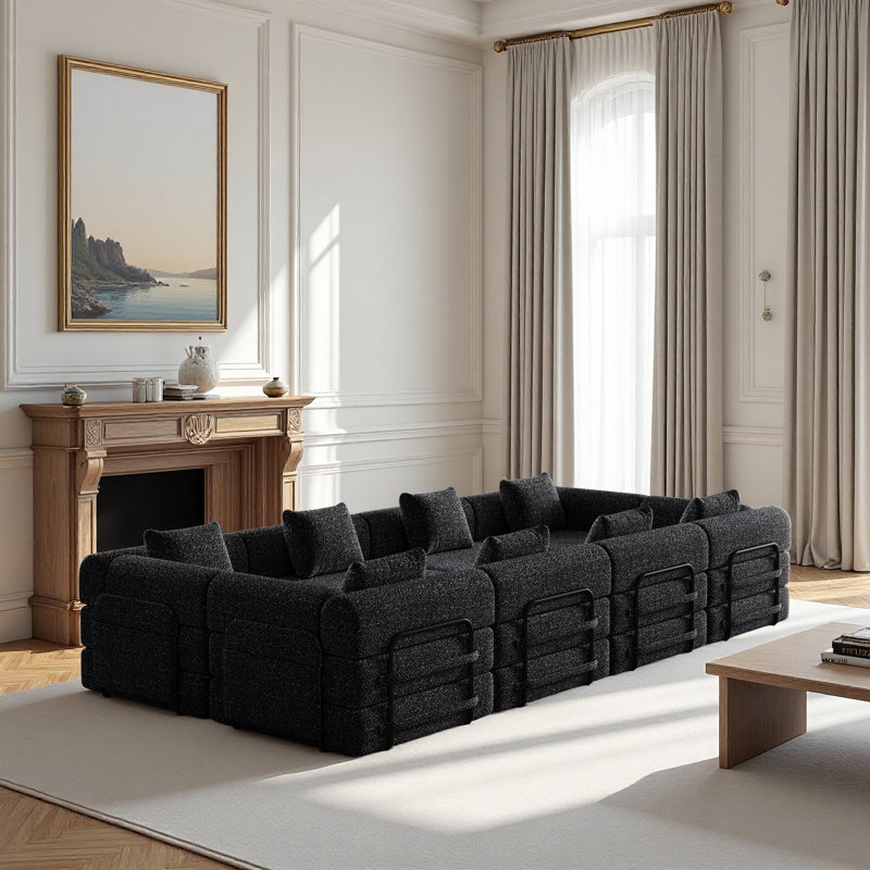 Compression Chenille Fabric Sofa,Folding Sofa Bed Set,Convertible 2Pcs 3 Seater Sofa, 2 Seater Sofa,Extra Large Corner Sofa,Black