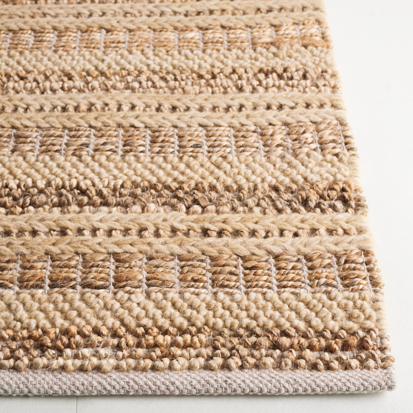 Brown Beige Hand-Woven Striped Wool Rug, Rectangle 5' x 8'