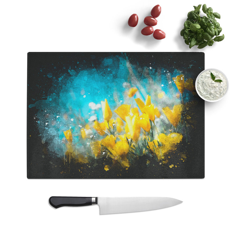 Tempered Glass Blooming Flowers Paint Splash Chopping Board, 28.5 cm x 39 cm