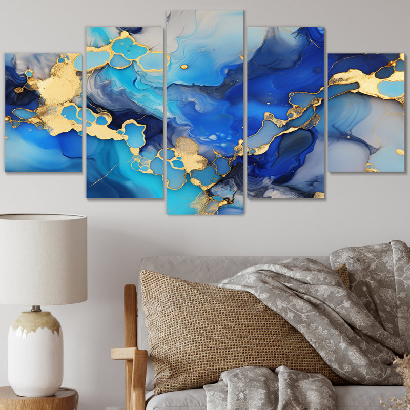 Bleu et or luxe abstrait Art fluide I - Fractals Wall Decor - 5 panneaux
