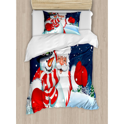 Ambesonne Christmas Duvet Cover Set, Santa Snowman Hug, Twin, Blue Red White -  nev_39749_twin