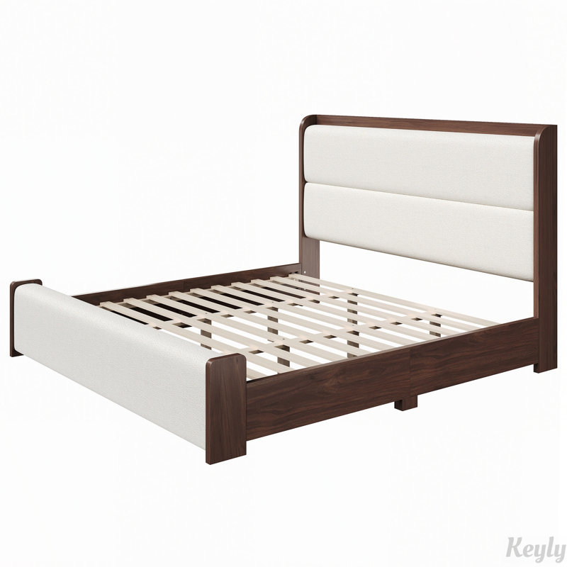 Lit plateforme en bois massif avec tête et pied de lit capitonnés en tissu bouclé, King, Brown