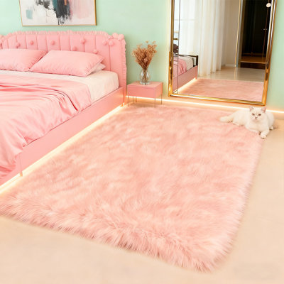 Lush Silky Pink Faux Sheepskin Living Room Rug
