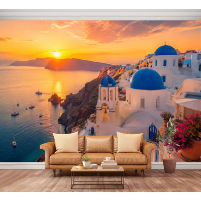 Wall Mural Peel and Stick Wallpaper sunset Greece Self-Adhesive Removable Contact Paper Wall Decor for Living Room Bedroom 100"H x 144"W