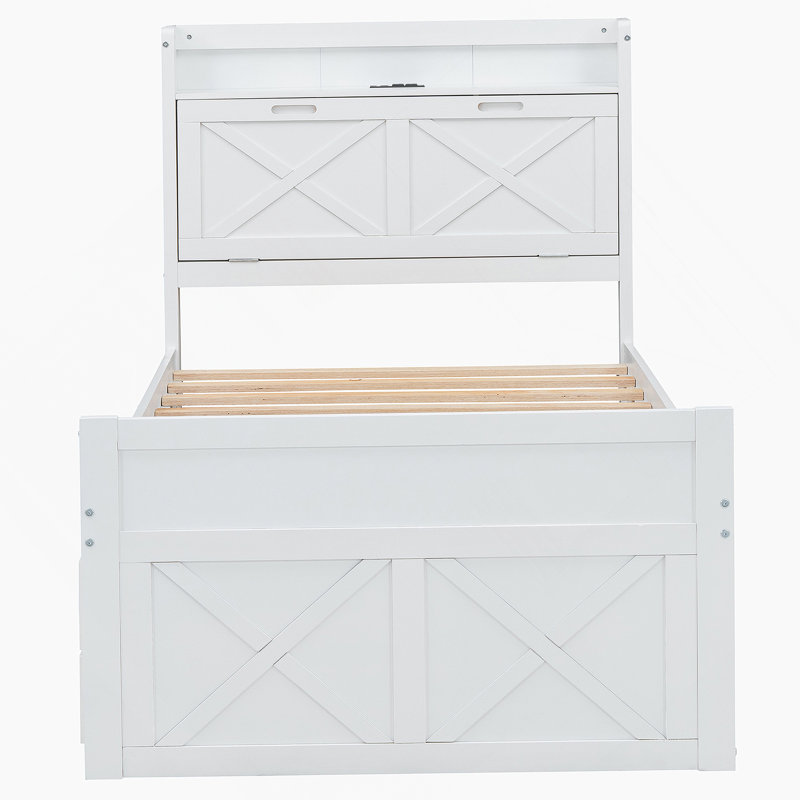 Lit simple en bois avec tête de lit avec rangement et prises de courant, lit extensible avec lit gigogne simple, Simple, gris