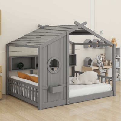 Montessori Floor Bed,Floor House Bed With Storage Shelf For Toddler,Playhouse Bed With Roof Design