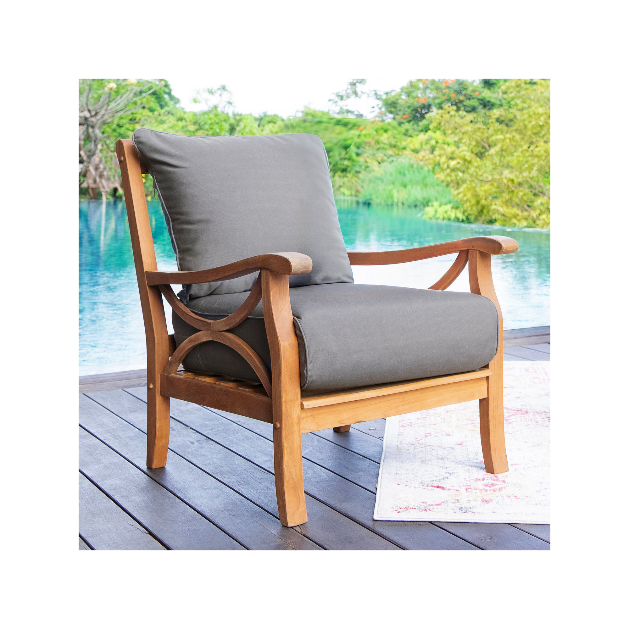 Brunswick Teak Patio Chair with Cushions, Natural, Gray Performance Olefin