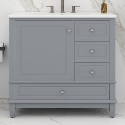 Meuble-lavabo 36 po avec lavabo en céramique, panneau de fibres à densité moyenne et base en bois massif, 3 tiroirs et tablettes, meuble-lavabo avec trous de robinet de 4 pouces