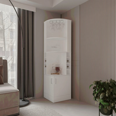 Armoire de coin blanche avec rangement pour bouteilles de vin et porte-verres