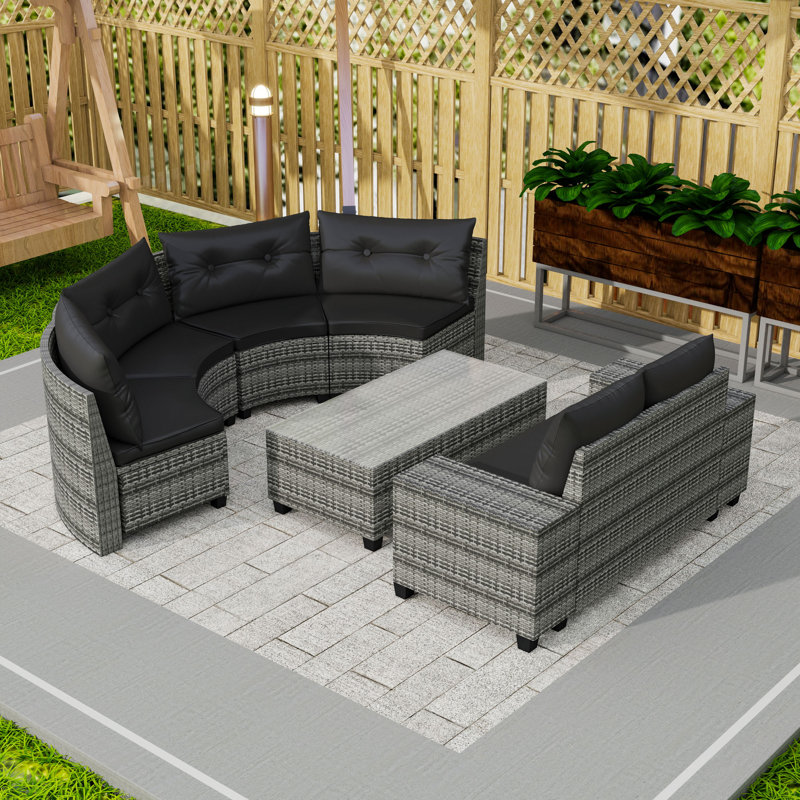 Ensemble de canapé d'extérieur en osier 8 pièces avec canapé modulaire incurvé, coussins, table basse et 2 tables d'appoint