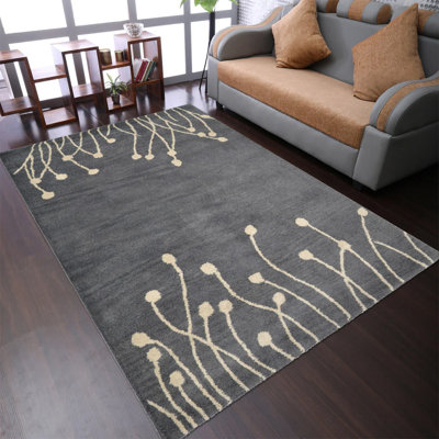 HAND TUFTED WOOL ECO-FRIENDLY AREA RUGS - Rectangle | Gray & White, Floral Modern Design, High Pile Thick Handmade Area Rugs for Living Room, Bed Room