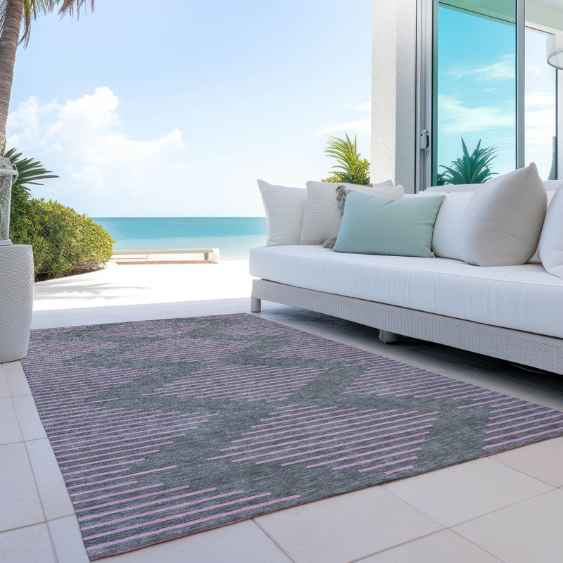 Gray and Pink Geometric Washable Synthetic Rug