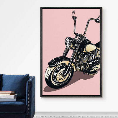 "Signature", reproduction d'art sur toile encadrée, chrome, moto, transport, vélos, illustrations, art moderne bohémien urbain pour le salon, la chambre à coucher, le bureau - 24 po x 36 po - noir