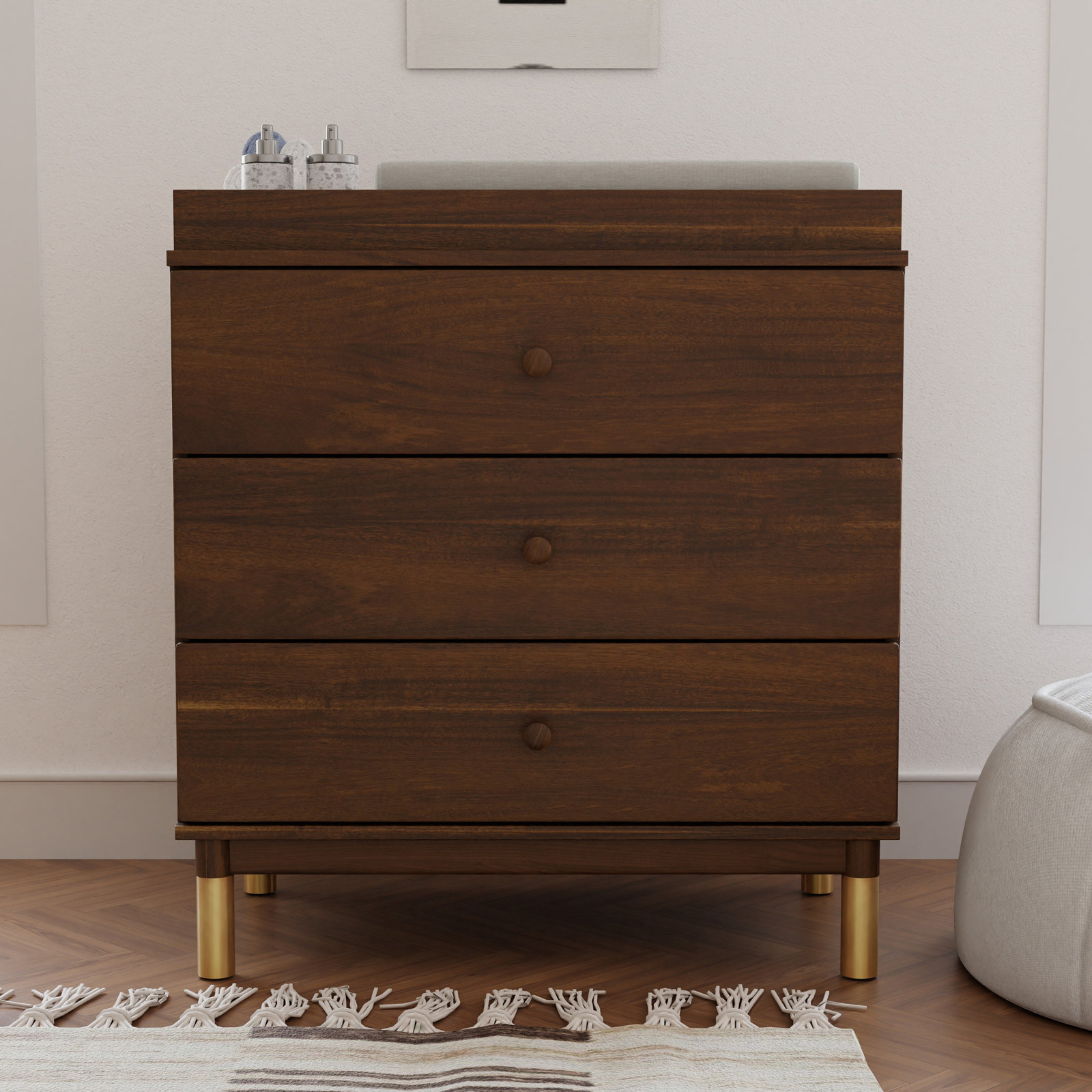 Gelato 33.5" W 3-Drawer Changer Dresser, Natural Walnut/Gold