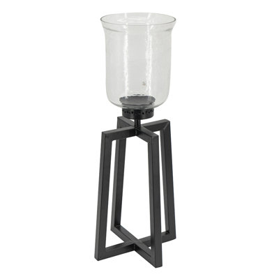 Cole Large Candle Holder, Open Crossed Black Iron, Clear Glass 23 Inch