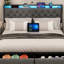 Structure de grand lit plateforme en métal, tête de lit capitonnée en lin avec 2 tiroirs de pied, télécommande à DEL RVB, station de charge USB de type C, support de lattes silencieux de 800 lb, lit gris sans sommier