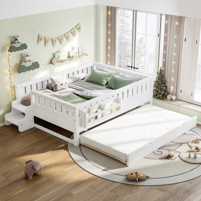 Orin Cottage Bed With Built-In Bookshelves And Trundle, Pine Wood Construction And Safety Rails