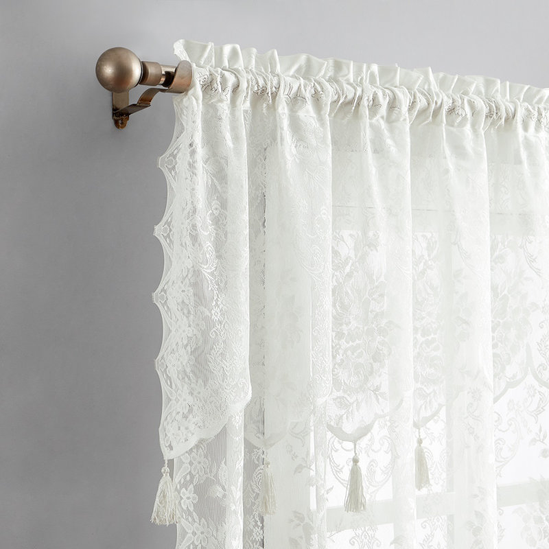 Rosdorf Park Pair Of 2 Sheer Lace Curtain Panels with Attached Matching Valance With 6 Tassels., Ivory, 54" W x 84" L
