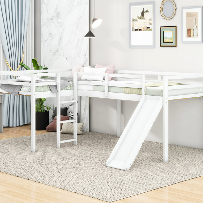 Twin Size Loft Bed In L-Shape With & Slide, White - Enjoyable L-Shaped Slide And Save Space Enjoy, White