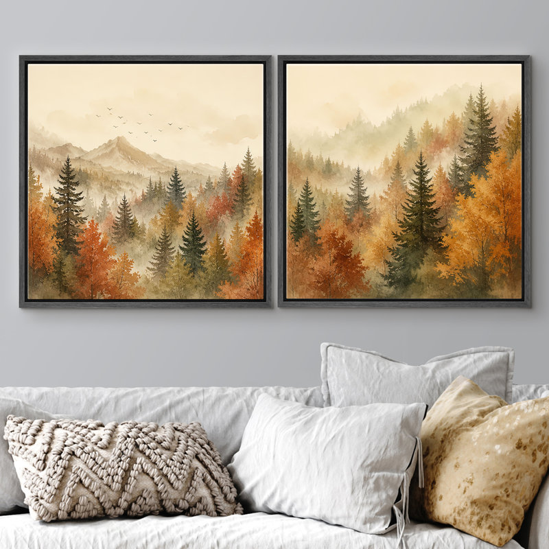 «Autumn Pine Forest Landscape With Warm Mountains And Rustic Nature», ensemble de 2 reproductions d'art sur toile encadrées