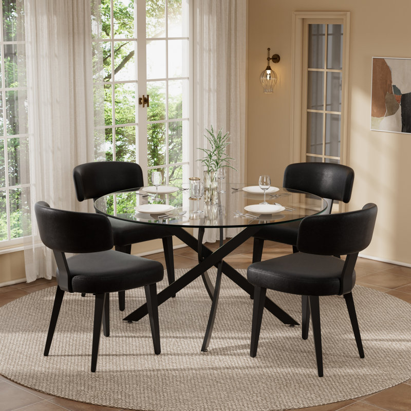 Modern Tempered Glass Dining Table Set With PU Leather Chairs, 36/47-Inch Kitchen Dining Set For 2/4/6 People, Contemporary Easy-To-Clean Dining Furniture Set