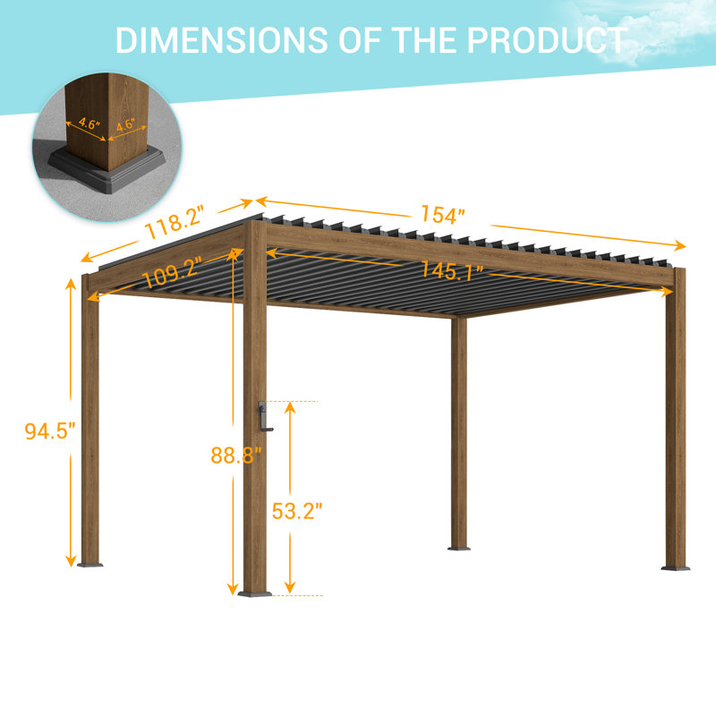 Patio Pergola Aluminum Metal Frame Freestanding Pergola with Louvered Roof for Outdoor, Wood Grain, 10' x 13'