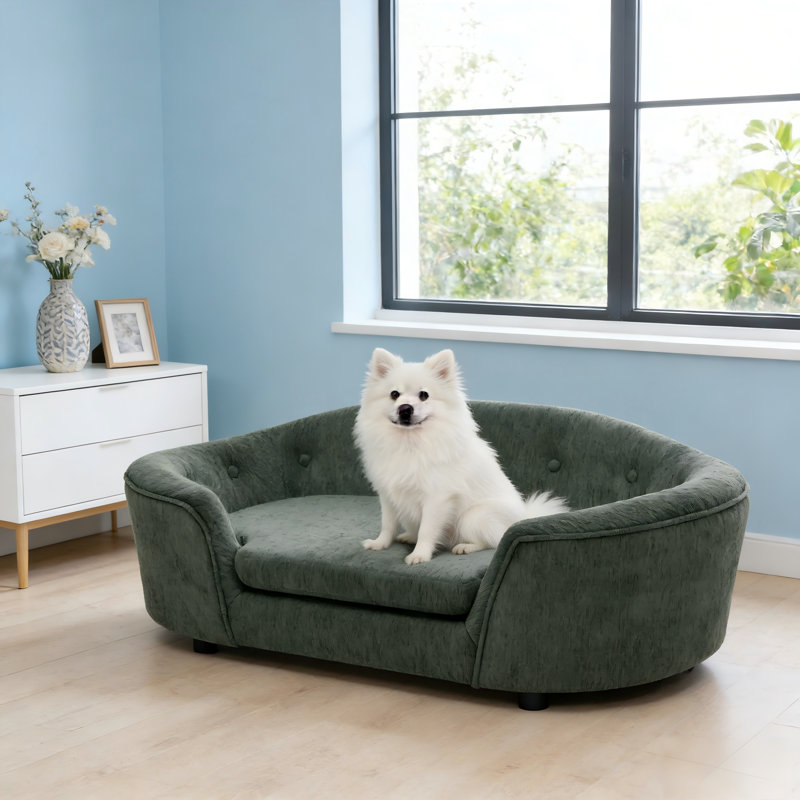 Canapé pour chien surdimensionné en lin vert olive avec dossier capitonné, Vert olive