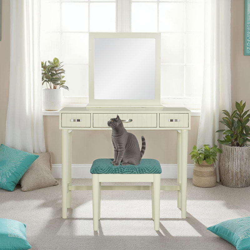 Simen Wood Three Drawer Mirror Stand Vanity with Stool