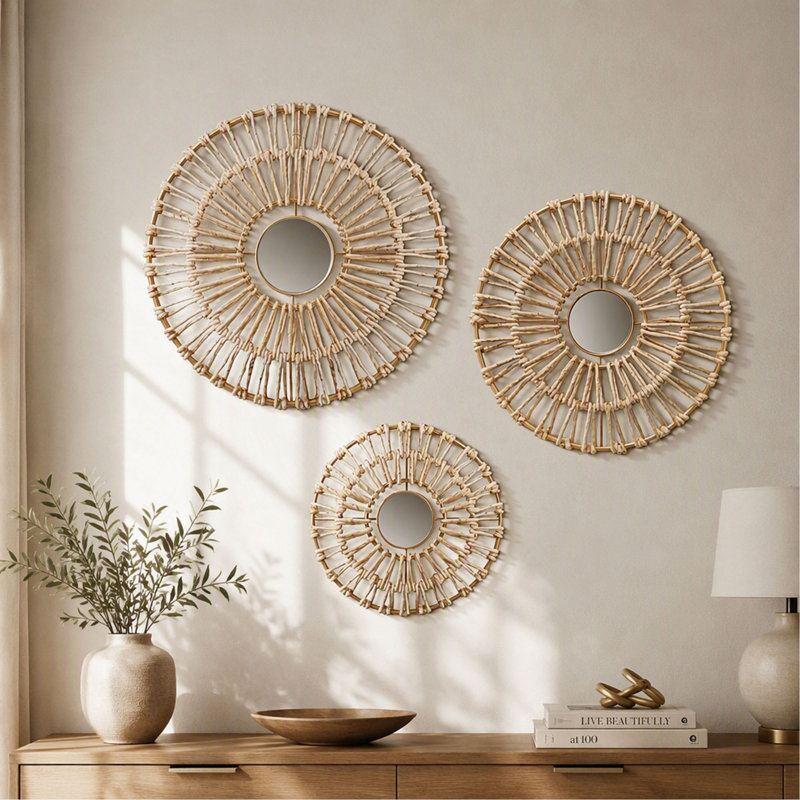 Ensemble de décoration murale, fibre ronde naturelle et miroir 3 pièces - Art mural