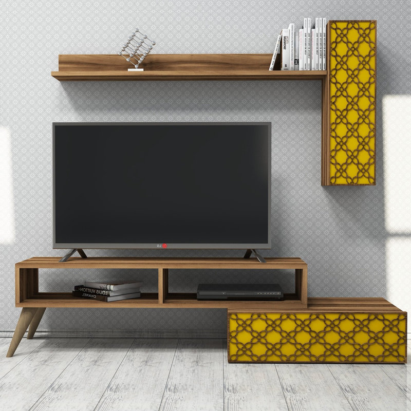 Meuble télé moderne avec tablette murale, noyer et jaune, 59,1 po x 14,9 po x 14,6 po | 100% panneau de particules enduit de mélamine, épaisseur: 0,7 pouce | Plusieurs tablettes, à fixation murale, conception géométrique élégante pour le salon et les espaces de divertissement