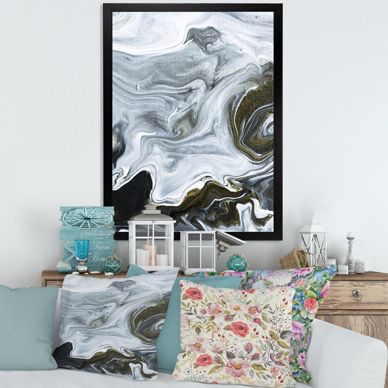 Marbre noir et blanc abstrait liquide - peinture sur toile, H 33,5 po x l 25,5 po x P 1 po, Cadre noir