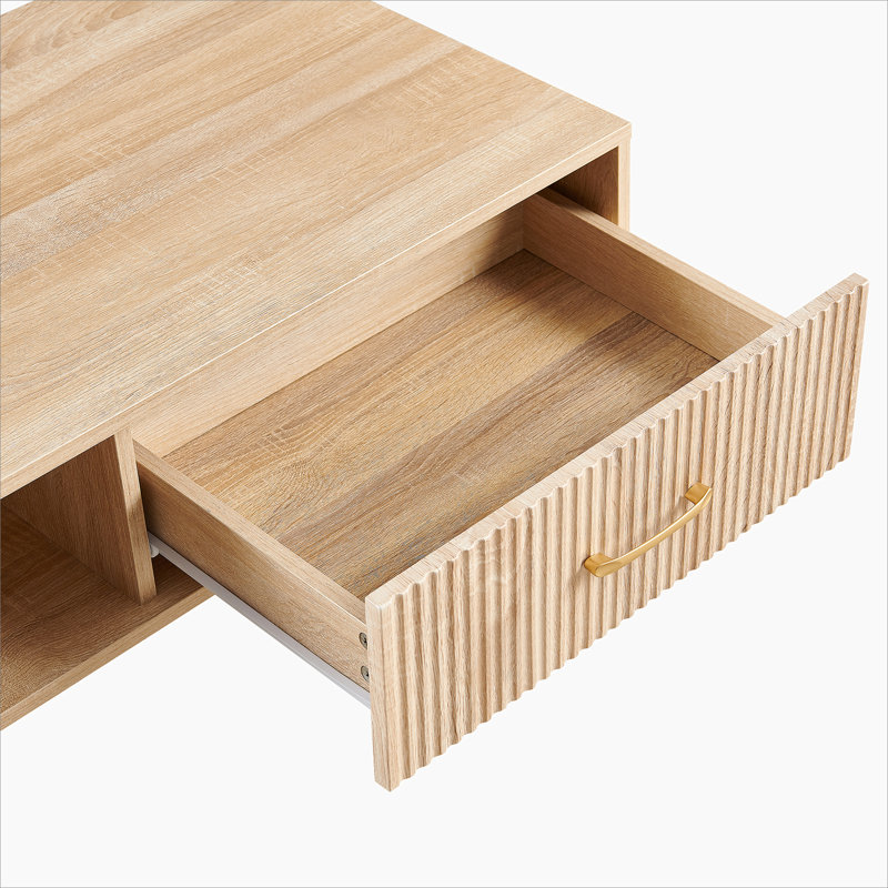 Table basse Boho avec pieds en bois massif et tiroir de rangement coulissant, Naturel