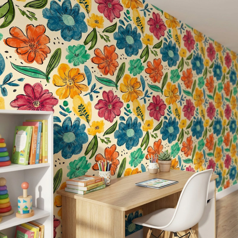Papier peint floral, décoration murale bohémienne colorée