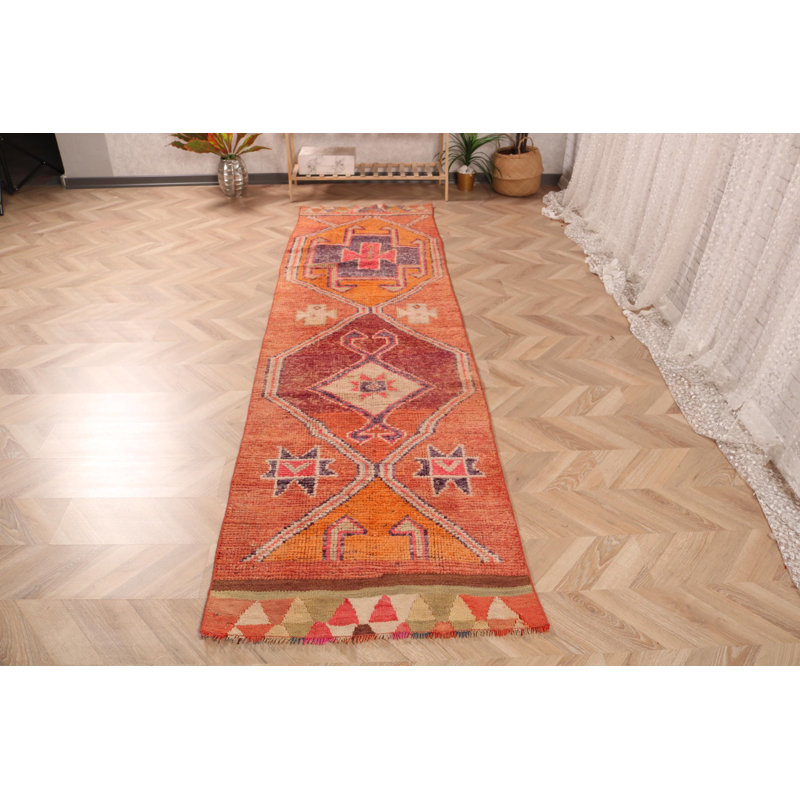 Tapis fait à la main Anatolian Boho: chemin turc rétro orange vif et éclatant