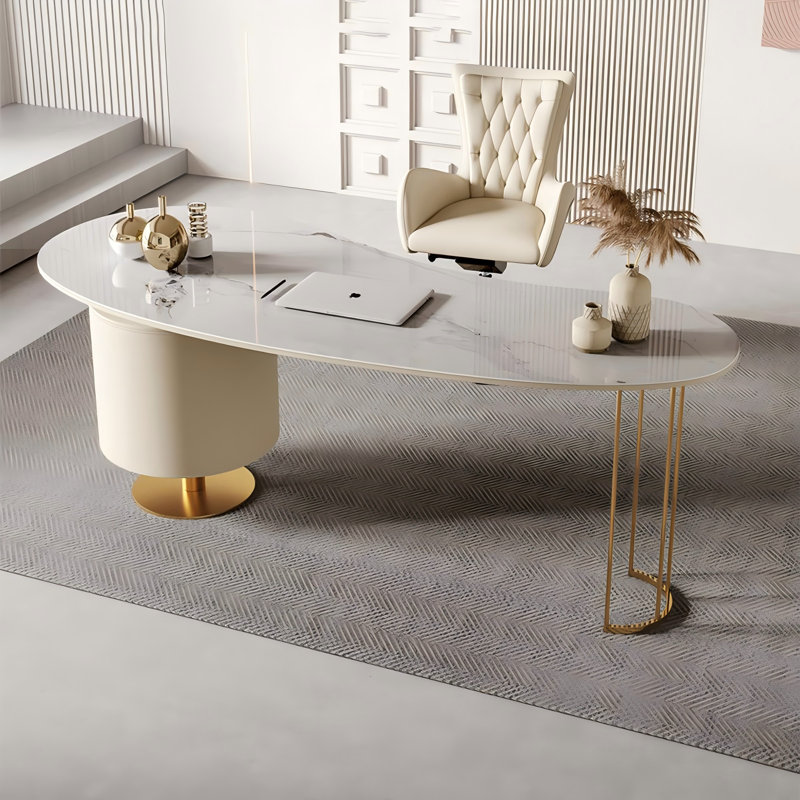 55.12"Beige Crescent Sintered Stone Writing Desk,2-drawer, 29.53" H x 55.12" W x 23.62" D