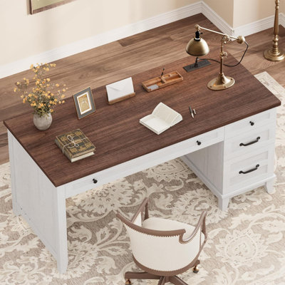 53.5" Farmhouse Wood Desk with Drawers and File Cabinet, Executive Home Office Desk with Power Outlets for Work and Study