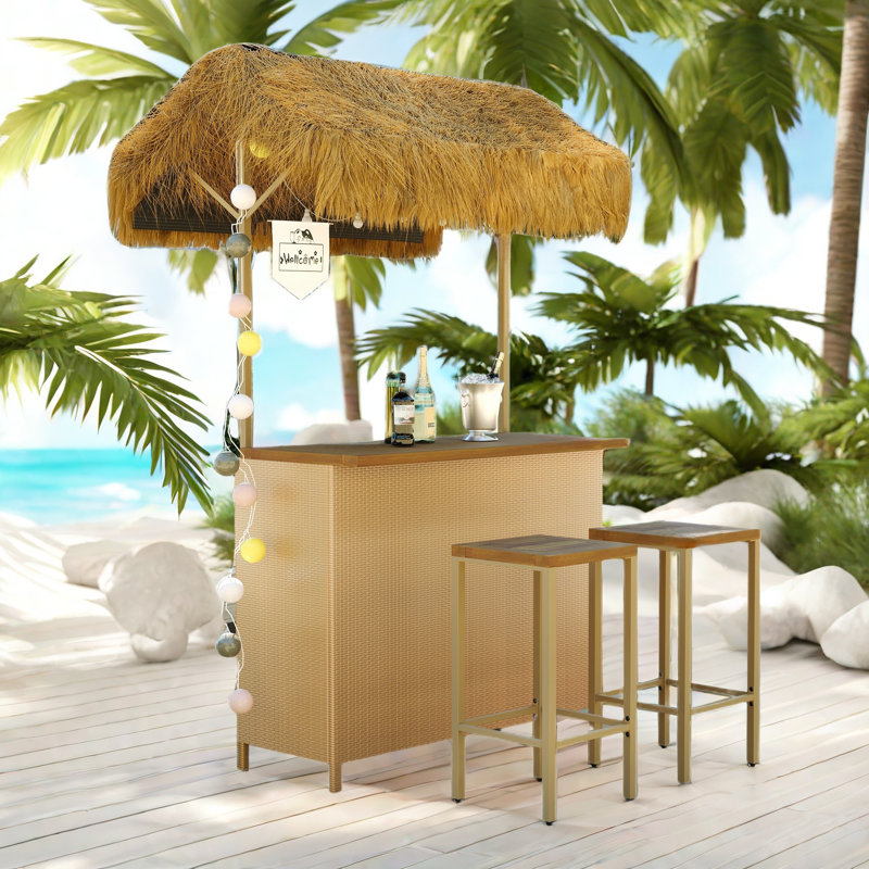 Hawaiian-style Bar Patio Set Included A Table With Canopy And Two High Stools