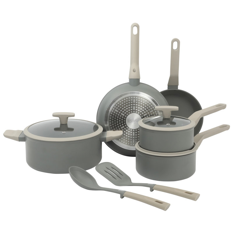 Oster Ambrose 10 Piece Forged Aluminum Premium PFA Free Ceramic Nonstick Pots and Pans Cookware Set W/ Induction &Stay Cool Handles - Grey/Taupe
