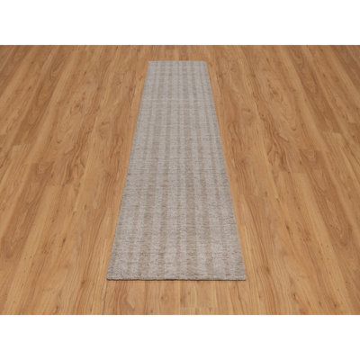 2'7"x10' Light Brown, Undyed Natural Wool, Vertical Stripes Design with Salt and Pepper Effect, Hand Loomed, Runner, Oriental Rug