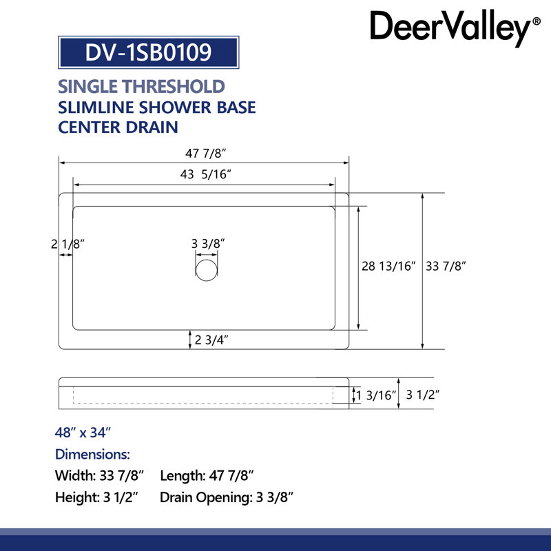 DeerValley 48" x 34" Rectangle Shower Base White Acrylic with Single Threshold Shower Pan, Non-slip Design, White