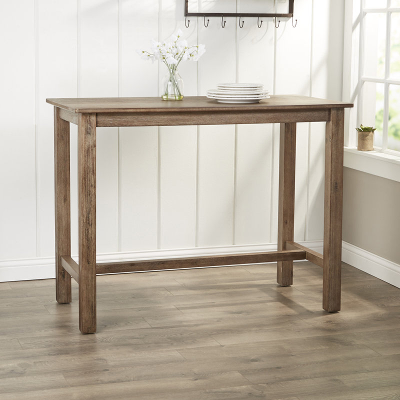 Table de salle à manger en bois massif d'hévéa à hauteur de comptoir Lorraine, Bois de grange à la brosse métallique