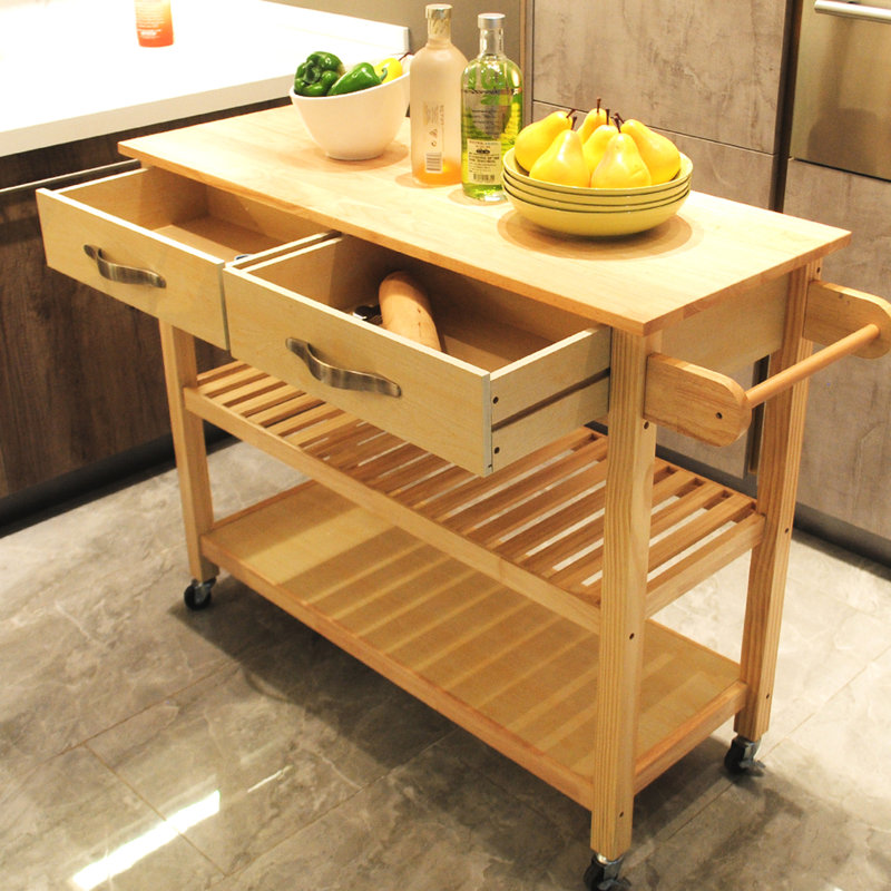Chariot mobile pour îlot de cuisine avec roulettes verrouillables, plateau en bois d'hévéa et chariot de rangement plein abondant, caisse en pin