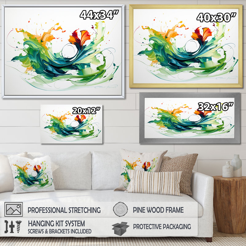 Peinture abstraite verte et blanche VI - Art mural abstrait, Cadre d'angle fermé noir, H 34 po x l 44 po x P 1,5 po