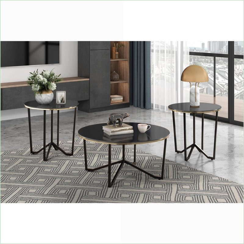 Ensemble de 3 tables basses et tables de bout de salon avec plateau en verre trempé noir, structure en métal moderne, facile à nettoyer